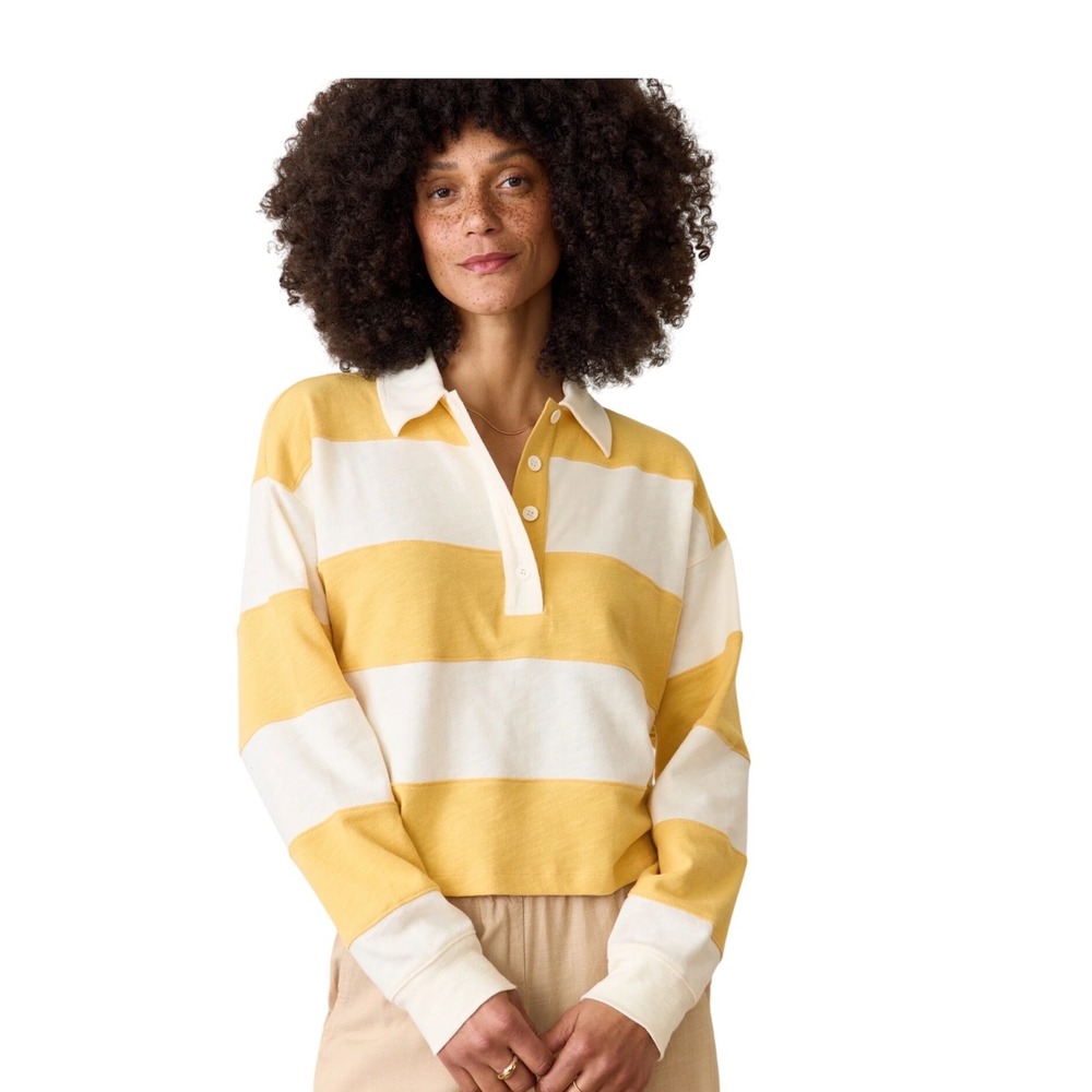 Marine Layer Rugby Crop Polo M Yellow White Stripe Preppy Long Sleeve Cotton